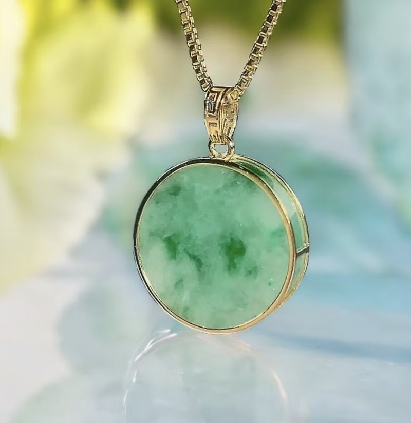 【愿·无事】冰种飘绿花无事牌项链18K金 | 天然缅甸翡翠 | 送礼 - 项链 - 玉石 绿色