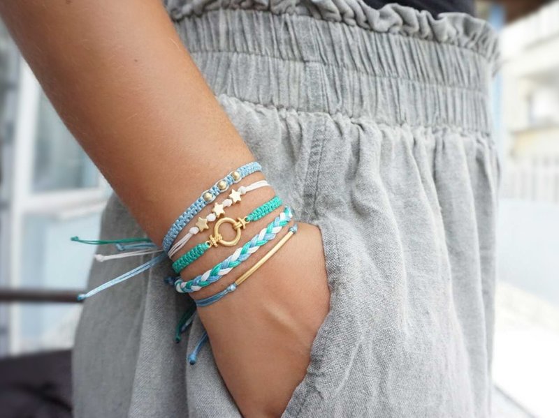 Boho Bracelet Set Macrame Bracelets Cotton Cords Gold Plated Star Charm - 手链/手环 - 棉．麻 绿色