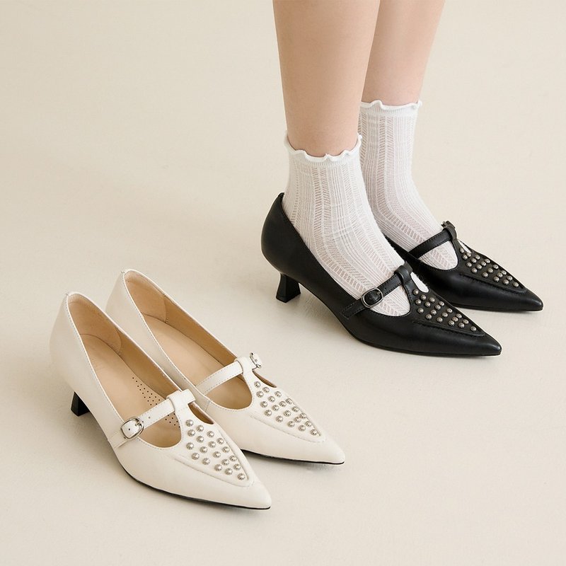 Norma 复古铆钉小低跟鞋 (两色)  女鞋 跟鞋 - 高跟鞋 - 真皮 黑色