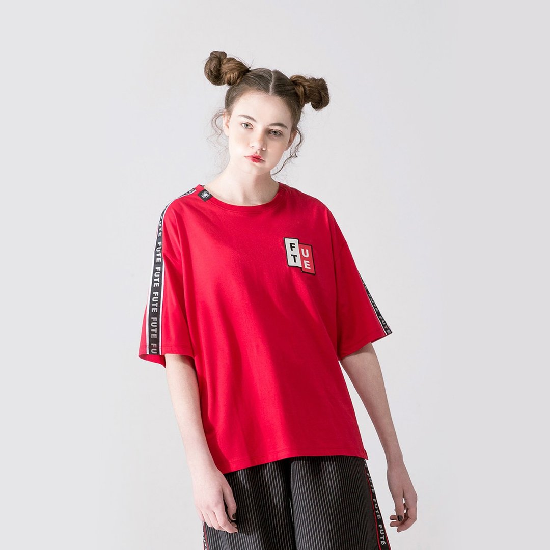 【中性款】宽松落肩 反光织带多色t-shirt / 红色 - 女装 T 恤 - 棉 红色