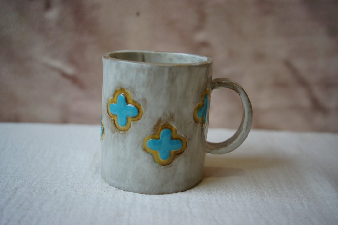 粉引手作马克杯 tiffany蓝四叶草 270 ml 咖啡杯 水杯 - 咖啡杯/马克杯 - 陶 白色