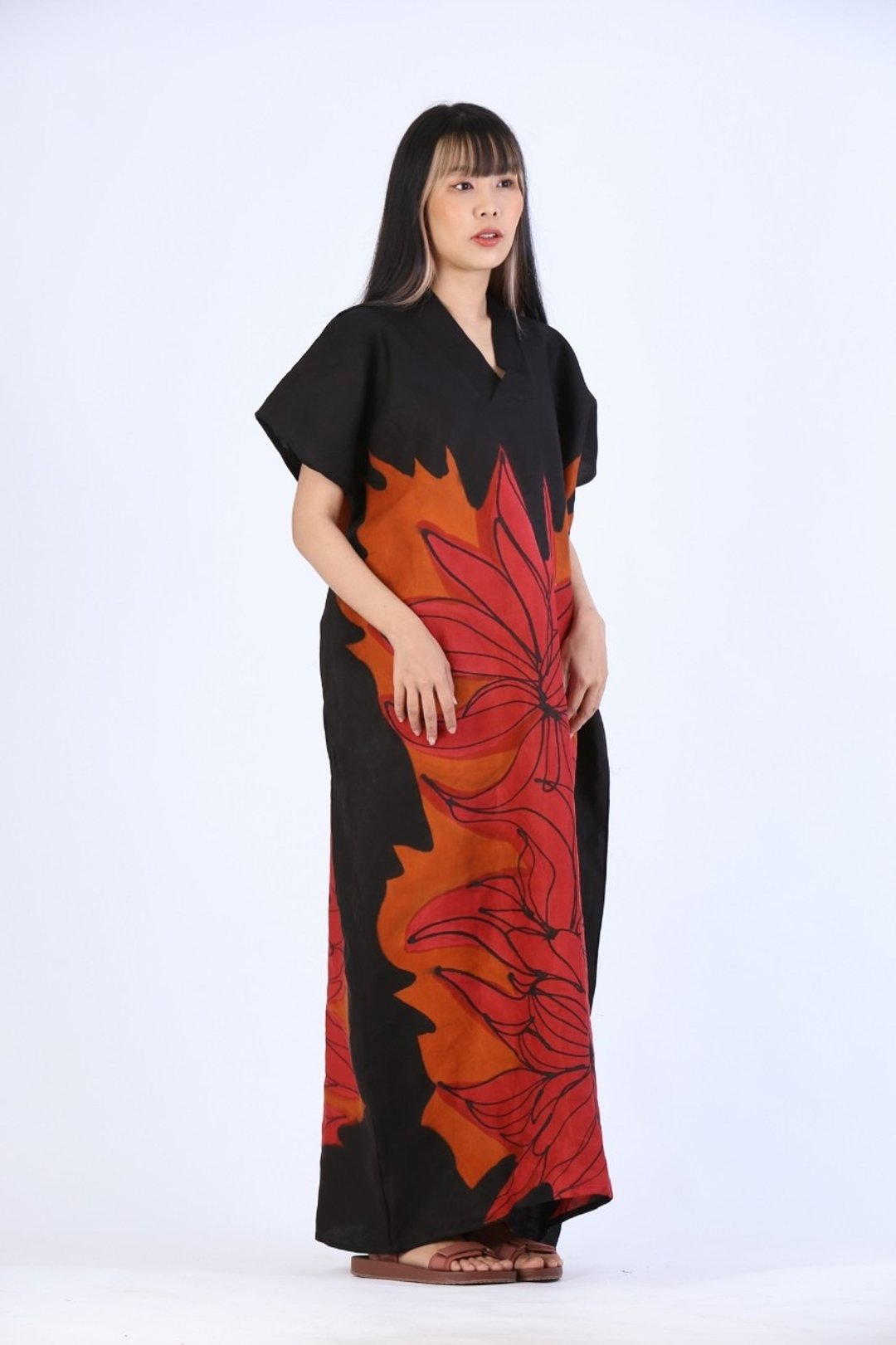 Kaftan Silk Linen Hand Paint Free Size - 洋装/连衣裙 - 棉 红色