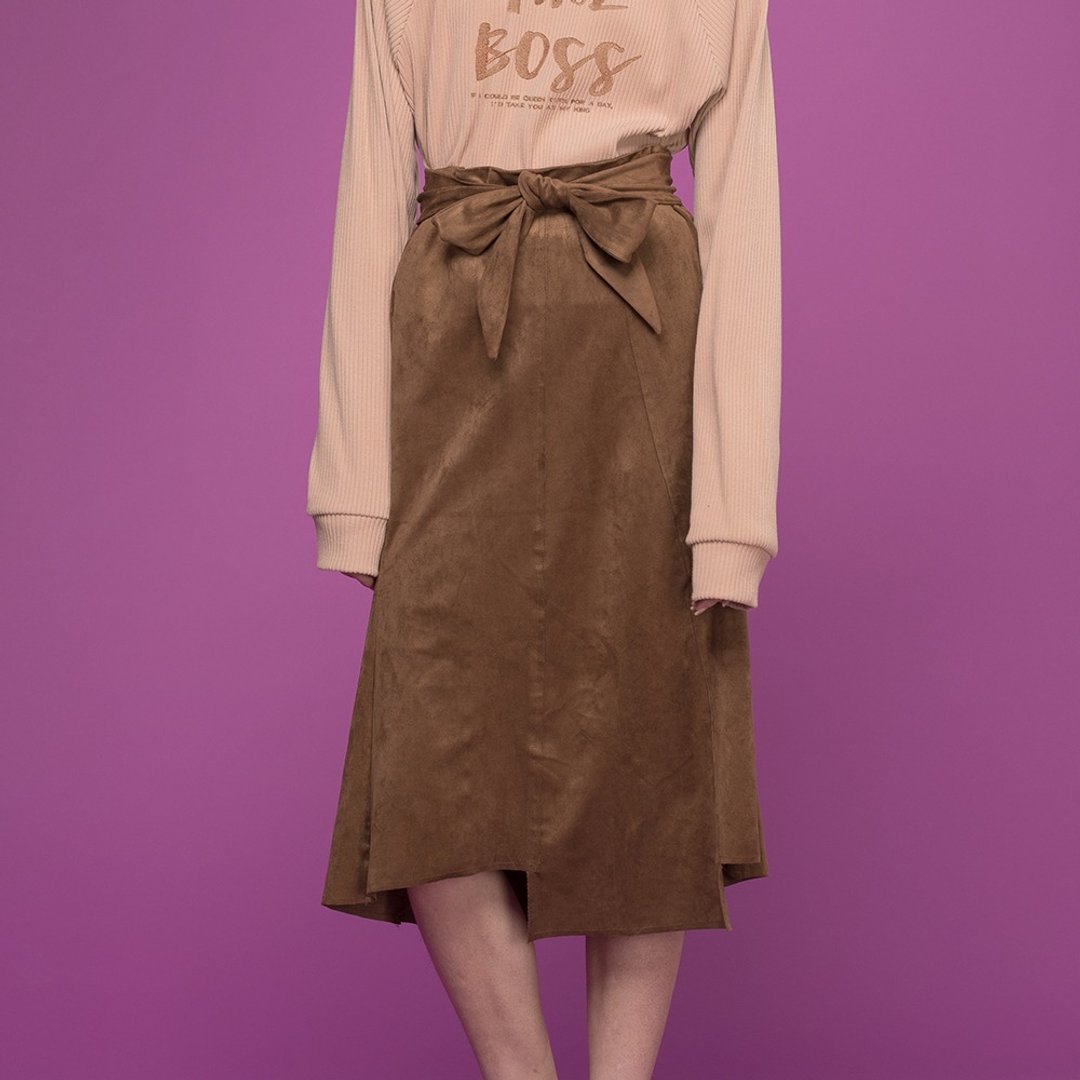 Suede Ribbon Skirt (Brown) - 女装休闲/机能外套 - 棉 咖啡色