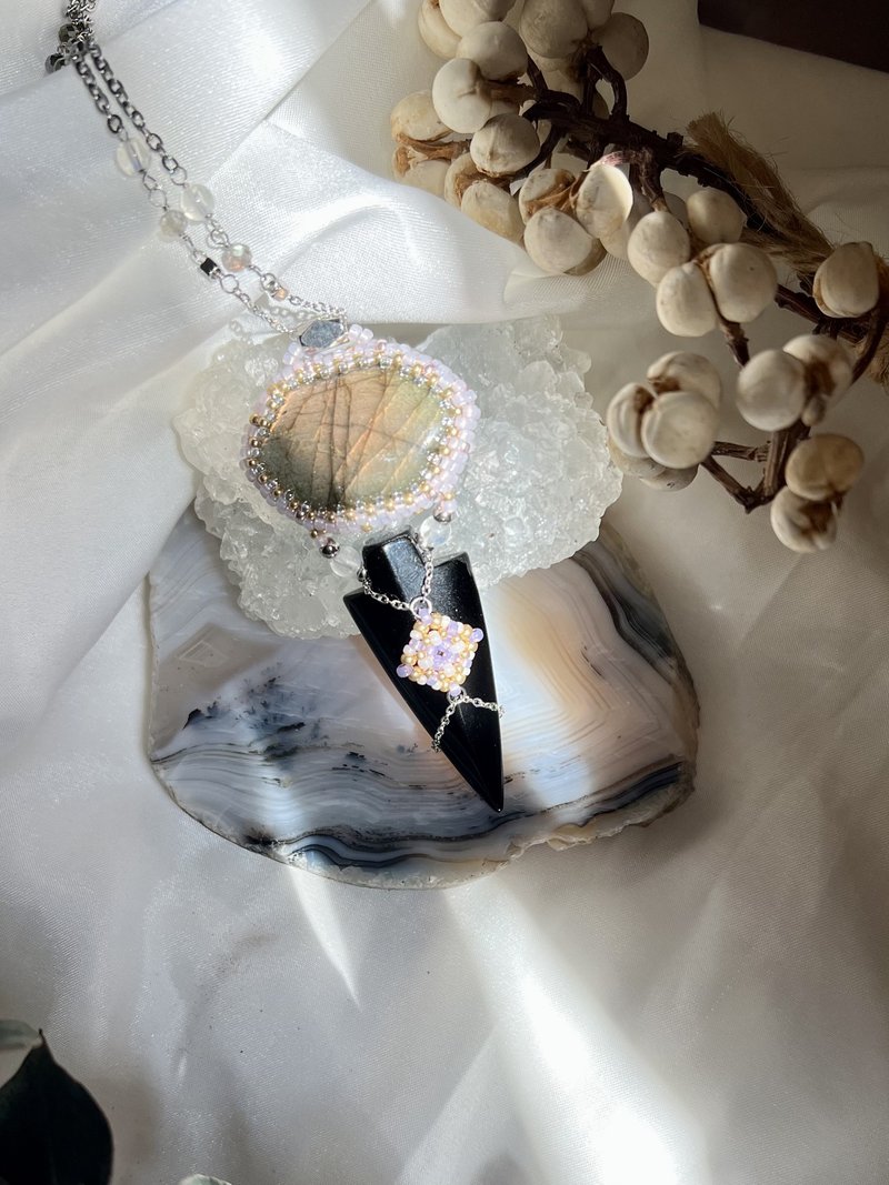 拉长石 黑玛瑙 串珠吊坠 配 宝石绕制链 - 项链 - 水晶 黑色