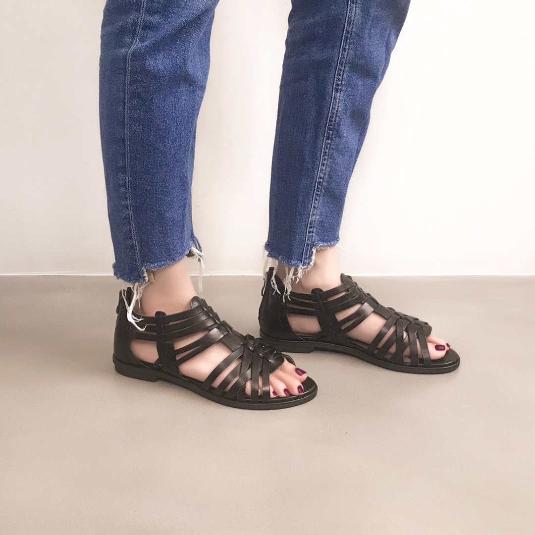 限量商品-手工编织!层次森林后拉链凉鞋 雾黑-全真皮 - 男女凉鞋 - 真皮 黑色