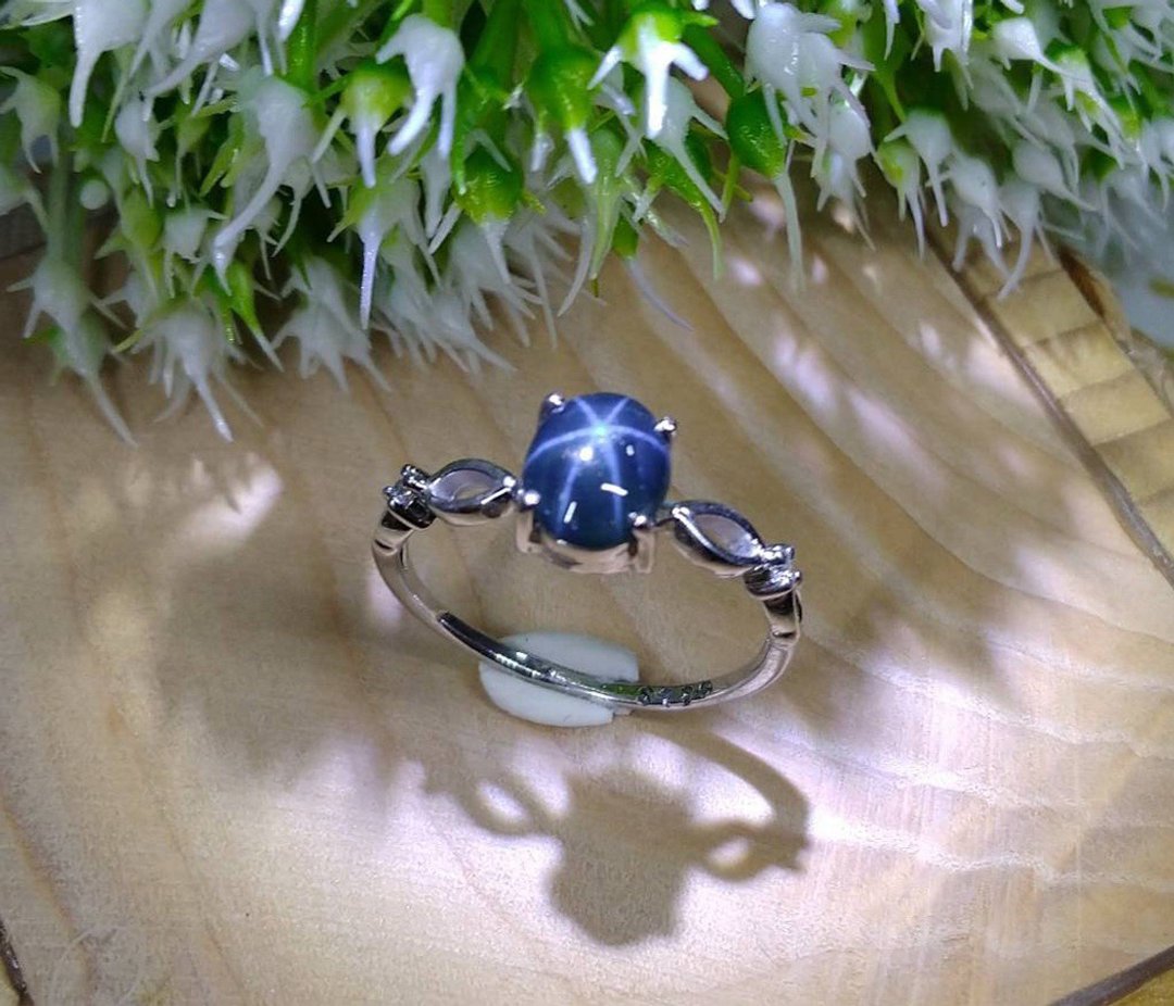 Natural star sapphier ring silver sterling or ring wedding size 7.0 free resize - 戒指 - 纯银 白色