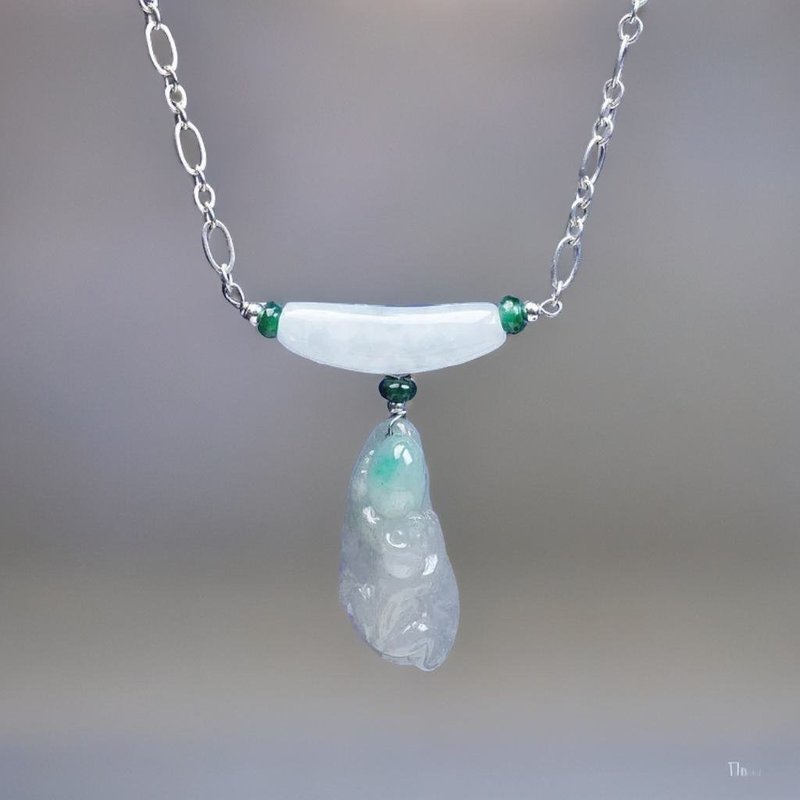 冰飘绿猴彩头设计款锁骨链925纯银 | 天然缅甸A货翡翠 | 送礼 - 锁骨链 - 玉石 透明
