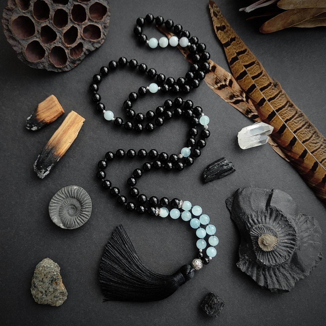 Mala BLACK WATER - 海蓝宝石与黑碧玺高品质108颗念珠 - 长链 - 半宝石 黑色