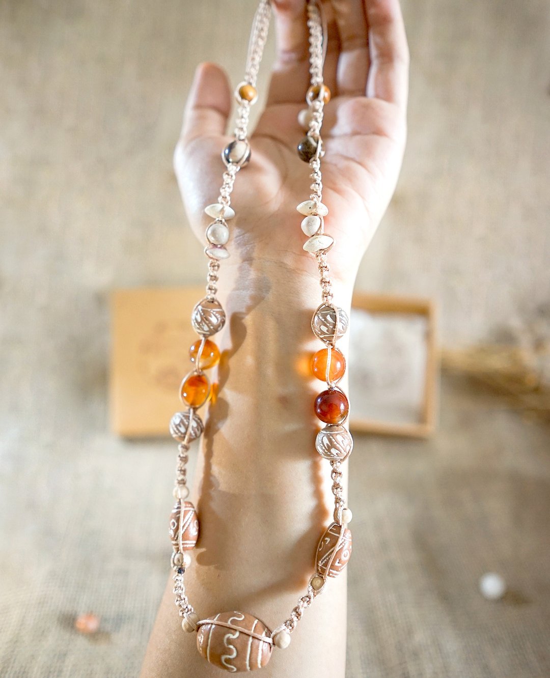 Pottery bead &amp; Crackle Agate Handmade Necklace - 项链 - 其他材质 多色