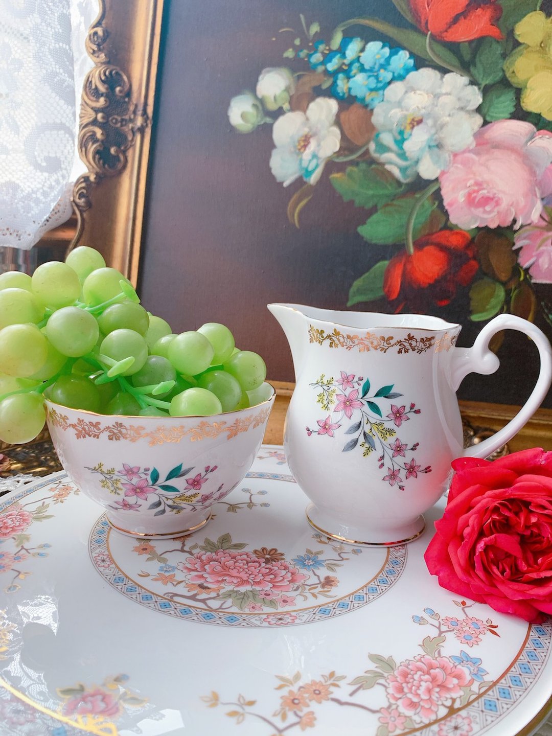 1957年英国制Royal Grafton手绘花卉下午茶奶壶糖碗两件组 - 茶具/茶杯 - 瓷 粉红色