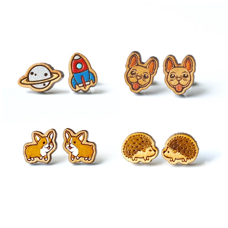 港澳包邮组 - 四对彩绘木耳环(经典款) - 耳环/耳夹 - 木头 多色