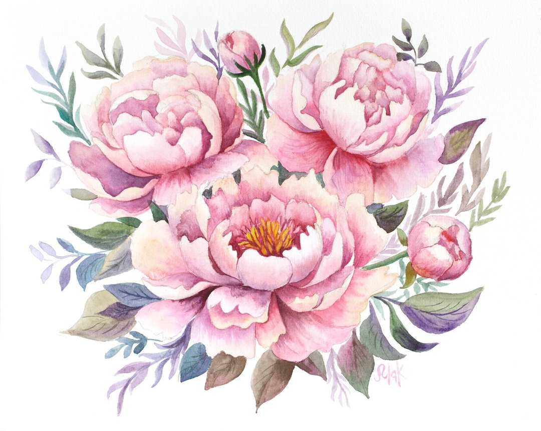 牡丹花束画花原创墙艺术粉红花卉艺术品 - 墙贴/壁贴 - 纸 粉红色