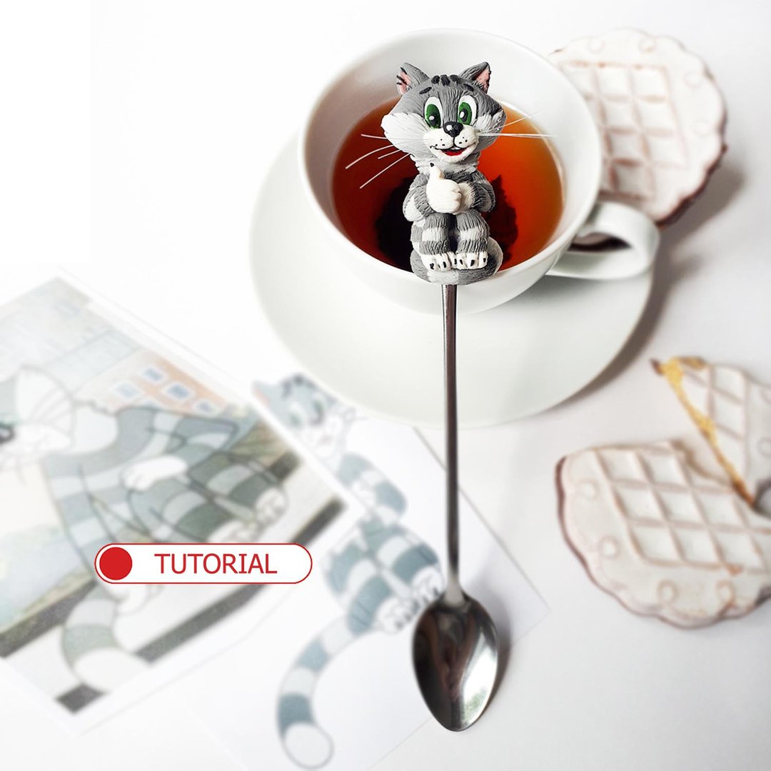 Polymer clay tutorial cat, Clay animals tutorial, Teaspoon with cute cat figure - 线上课程/教学影片 - 其他材质 