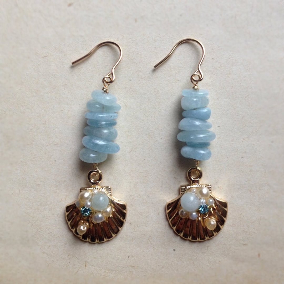 14 kgf aquamarine x vintage pearl bijou shell earrings / brass ear clip - 耳环/耳夹 - 宝石 蓝色