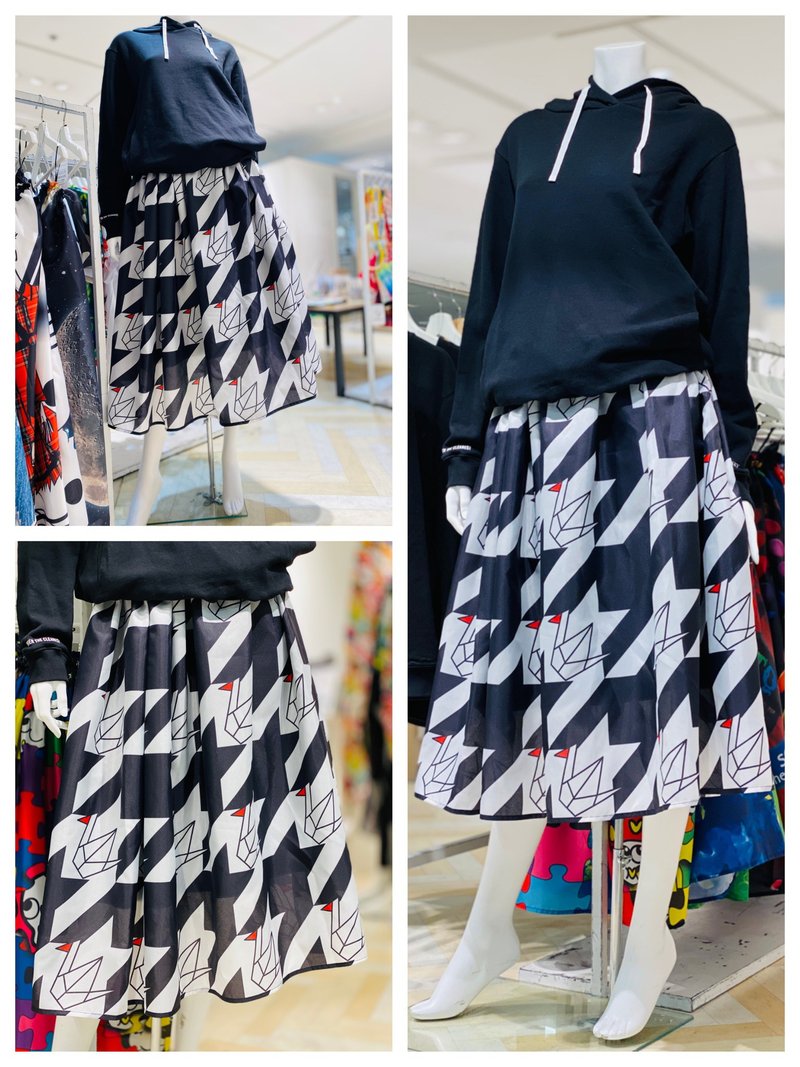 千鸟鹤印花裙/ Houndstooth & crane Print skirt - 裙子 - 聚酯纤维 黑色