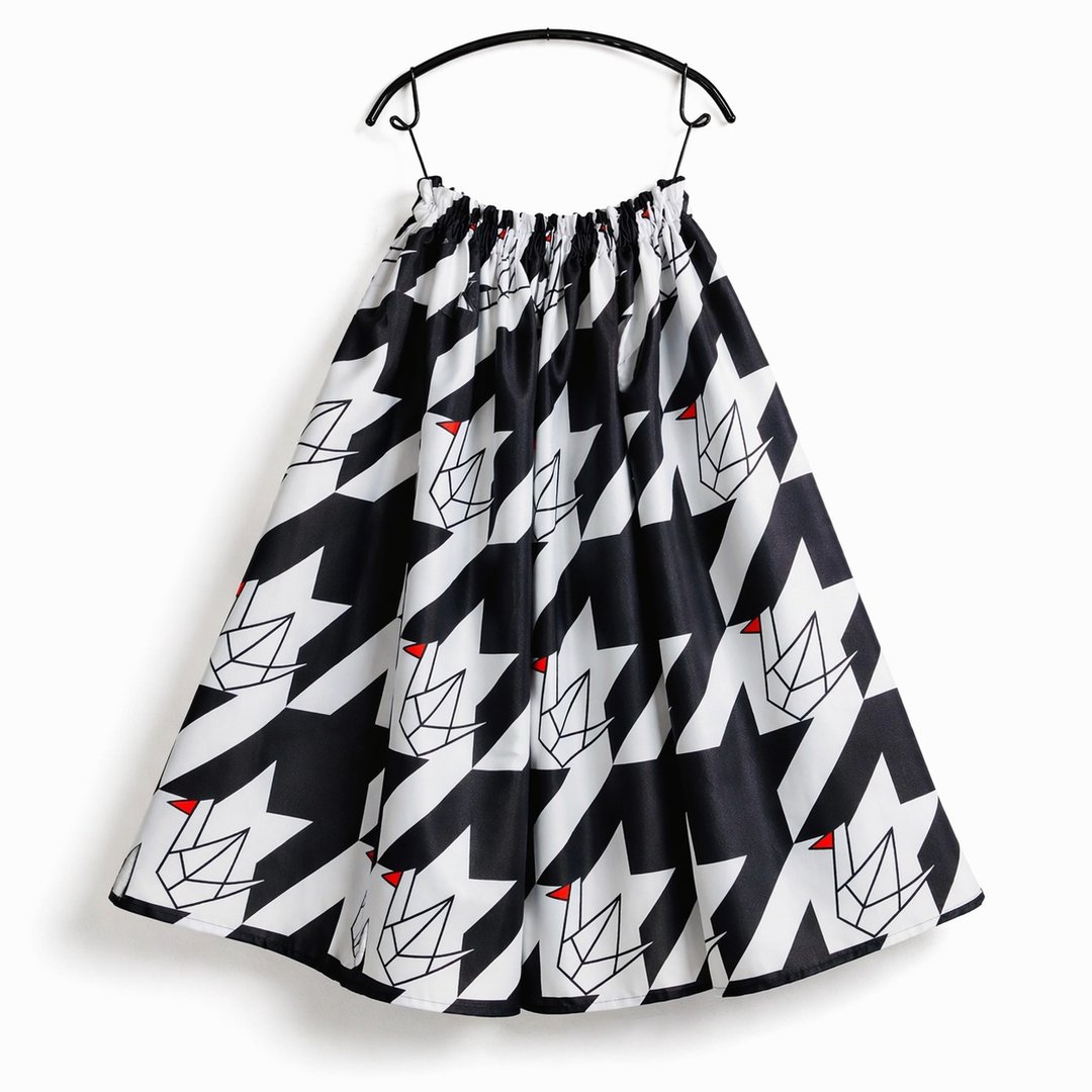 千鸟鹤印花裙/ Houndstooth & crane Print skirt - 裙子 - 聚酯纤维 黑色