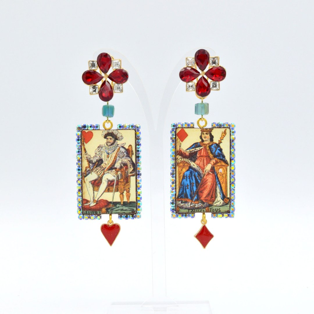 红心方块扑克木片耳环 Poker Earrings Swarovski Crystal - 耳环/耳夹 - 木头 红色