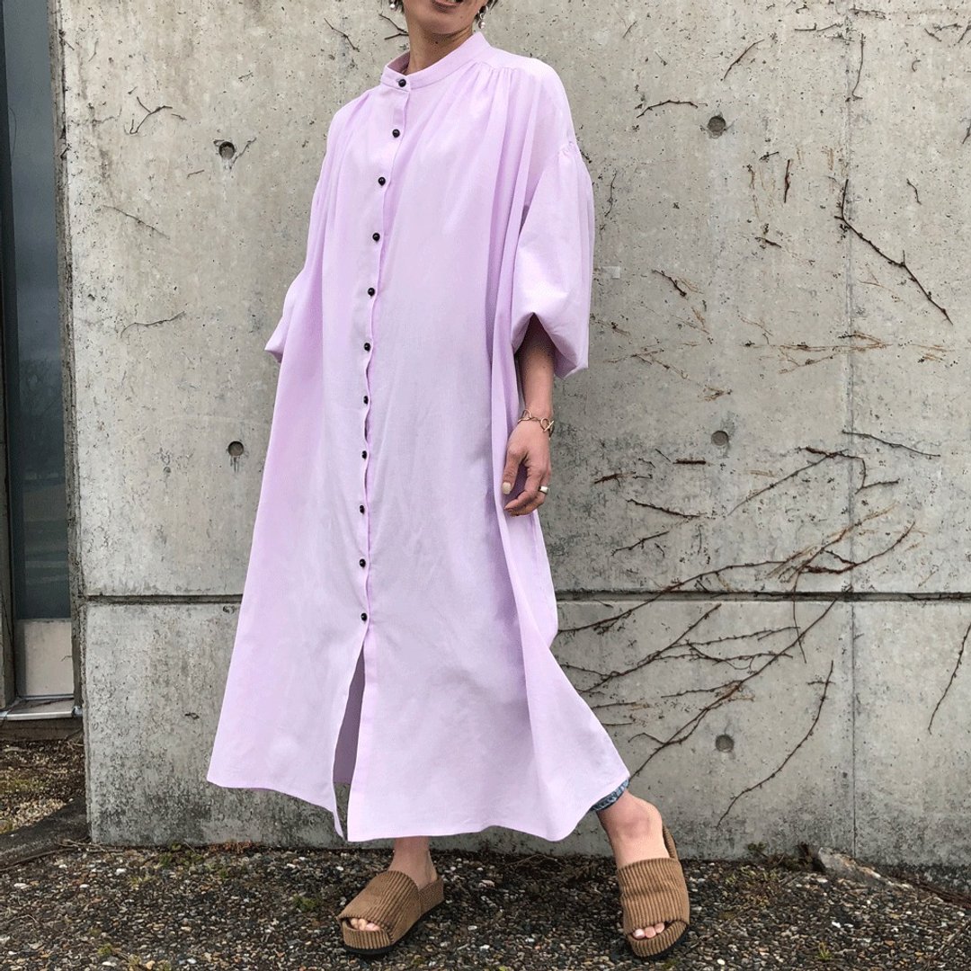 Puff-sleeve dress　purple - 洋装/连衣裙 - 棉 紫色