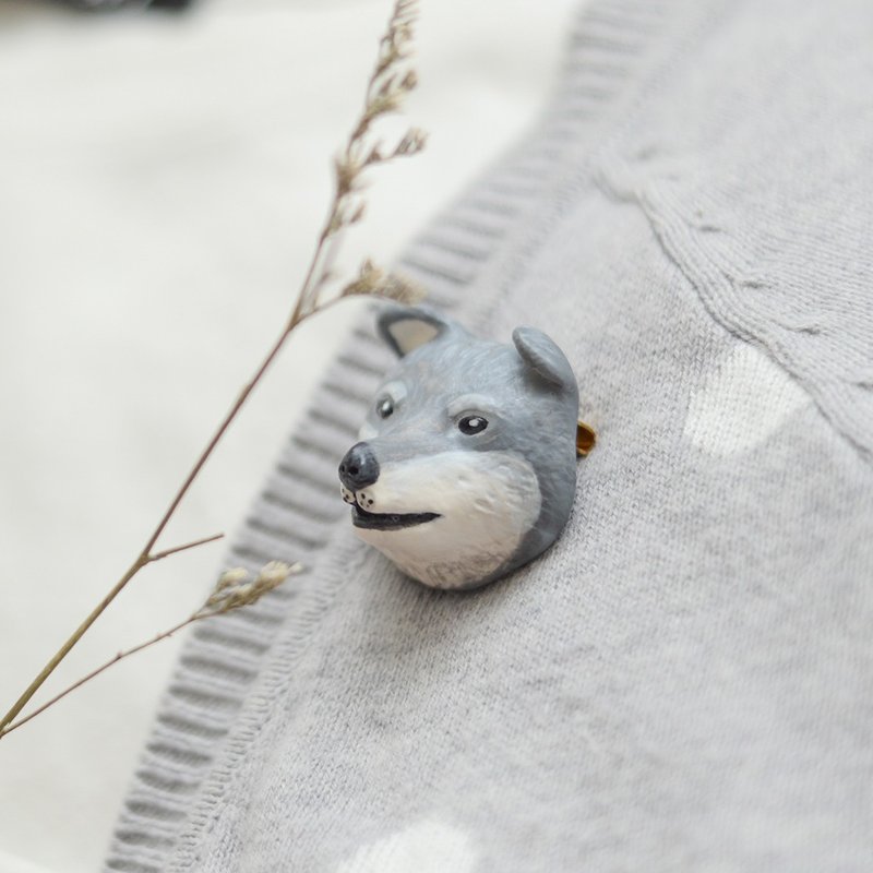 灰色狗狗手工别针 - 胸针 - 粘土 灰色