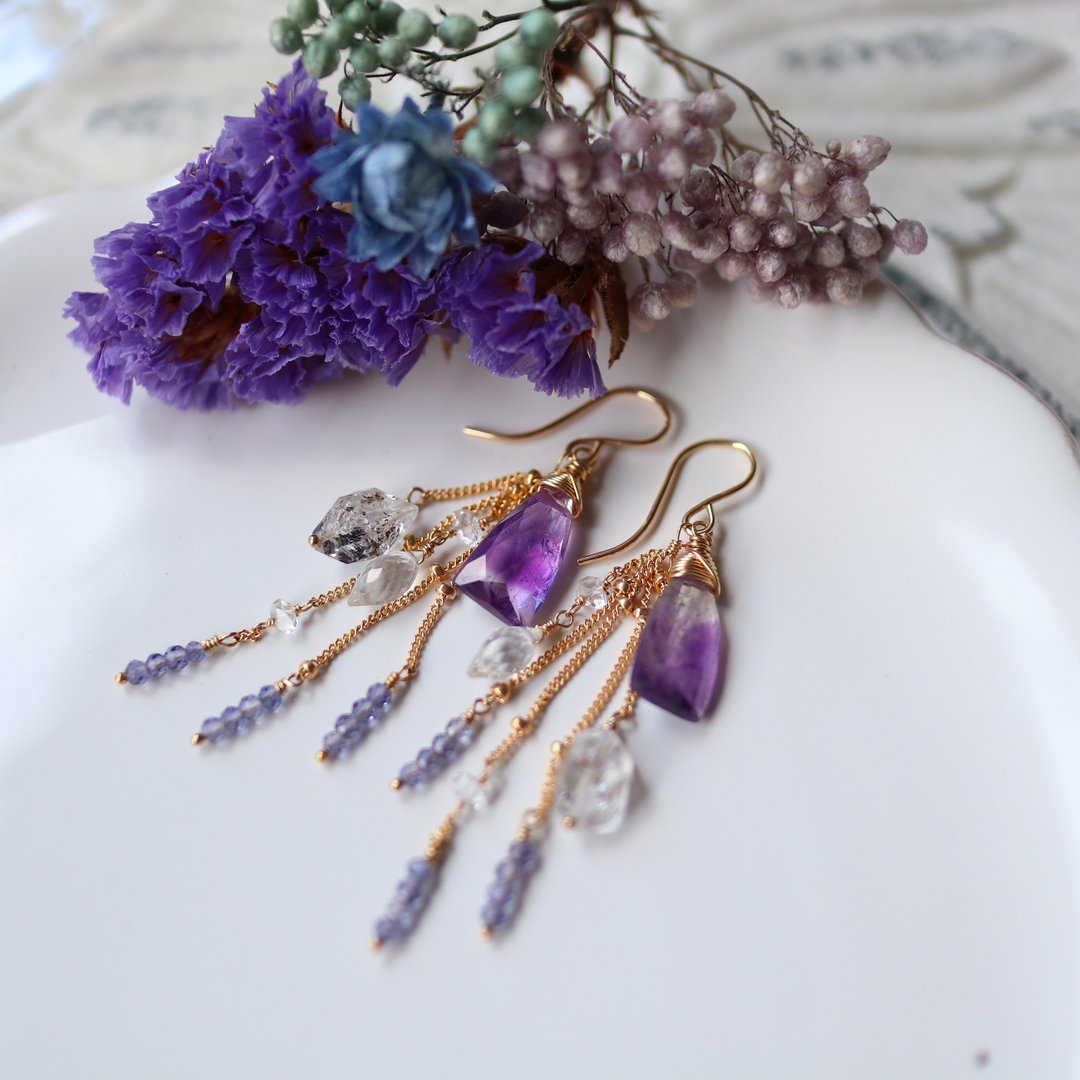 Moss amethyst and herkimer diamond earrings - 耳环/耳夹 - 宝石 紫色