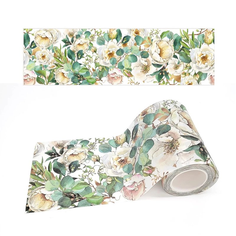 Extra Wide White Camellia flowers Washi Tape for scrapbooks - 纸胶带 - 纸 绿色