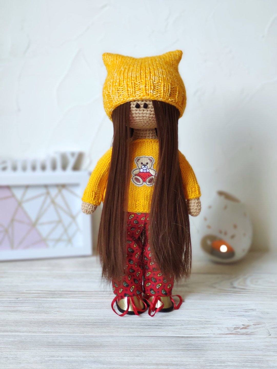 Stuffed doll in yellow Amigurumi Cotton toy girl Nursery decor Interior doll - 玩具/玩偶 - 棉 黄色
