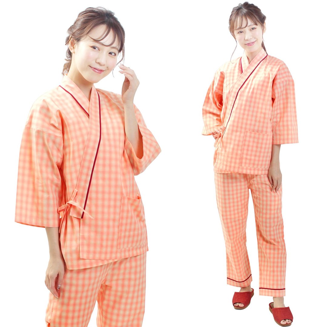 日本 和服 格子 作务衣 日式 休闲 室内服 睡衣 男女通用 粉橘色 - 中性连帽卫衣/T 恤 - 棉 橘色