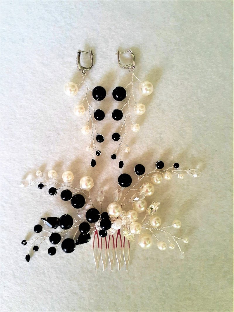 Black and white wedding jewelry set, Gothic wedding set, Hair comb and earrings - 发饰 - 其他材质 