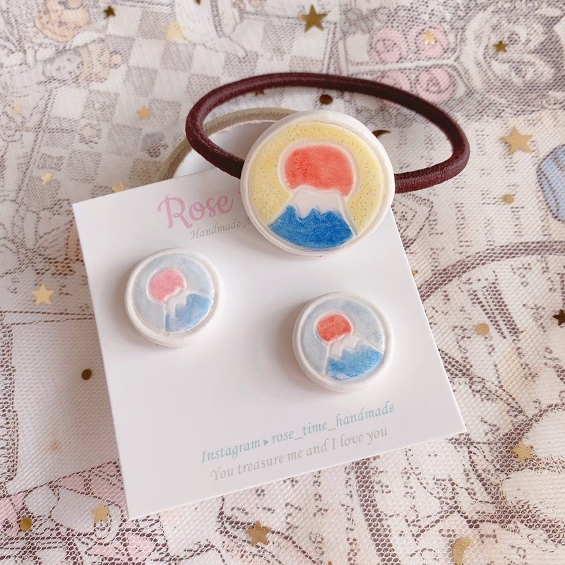 手绘 富士山 发圈 耳钉 礼物 - 耳环/耳夹 - 粘土 蓝色