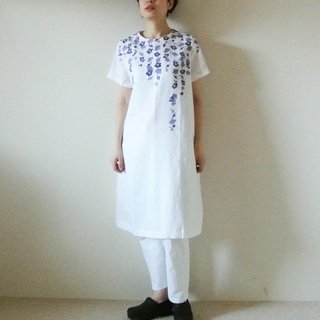 亚麻・短袖洋装 白色＜枝垂梅＞ - 洋装/连衣裙 - 棉．麻 