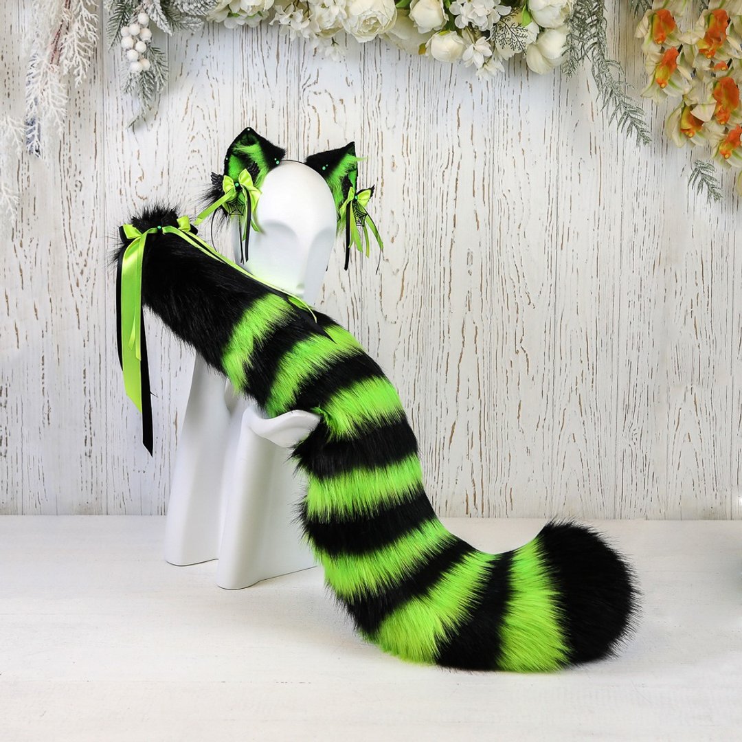 Neon Green Cheshire Cat Ears and Tail Set Faux Fur Ears and Tail Set - 发饰 - 其他人造纤维 绿色