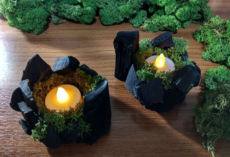 set of two candle holders stabilized moss coal decor light bedroom eco decor - 蜡烛/烛台 - 其他材质 黑色