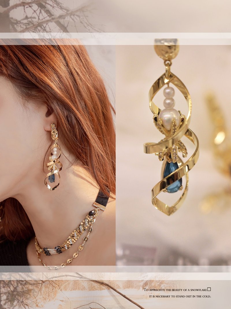 炙热花火。MUCHAT手作14KGP不规则珍珠水晶纯银针耳环 - 耳环/耳夹 - 其他金属 金色