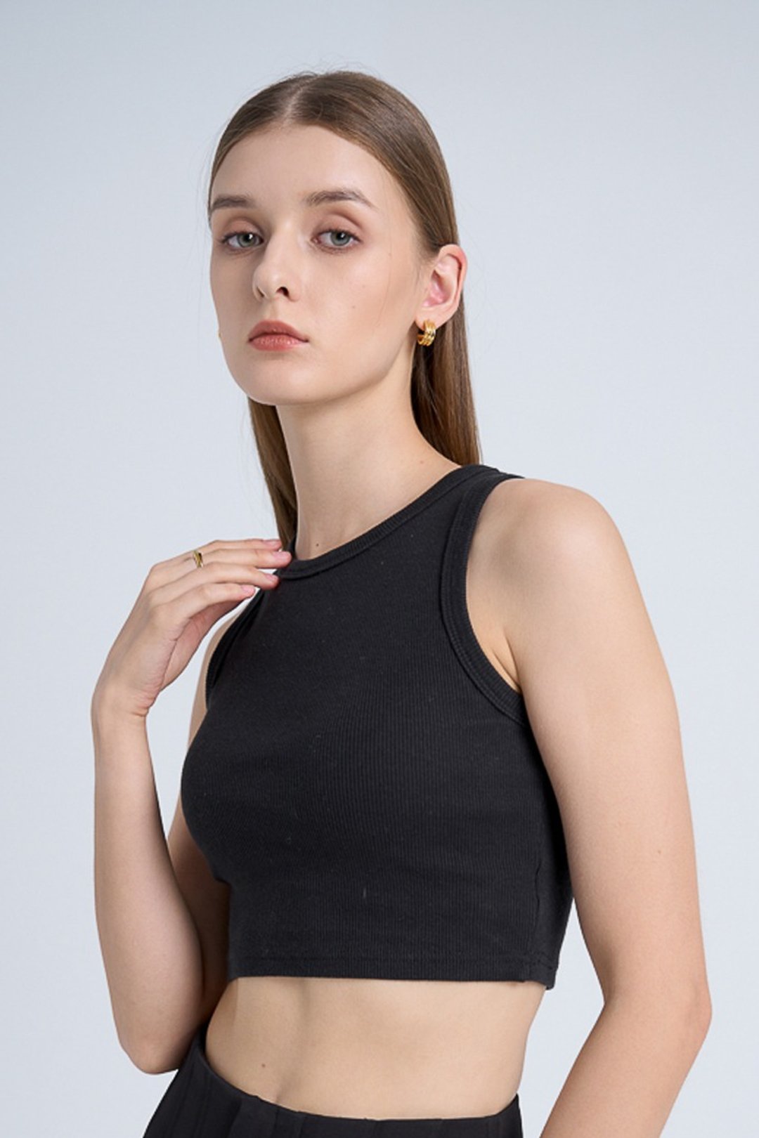 Classic Ribbed Crop Top - Black |  包覆罗纹削肩背心 - 黑 - 女装背心 - 棉 黑色