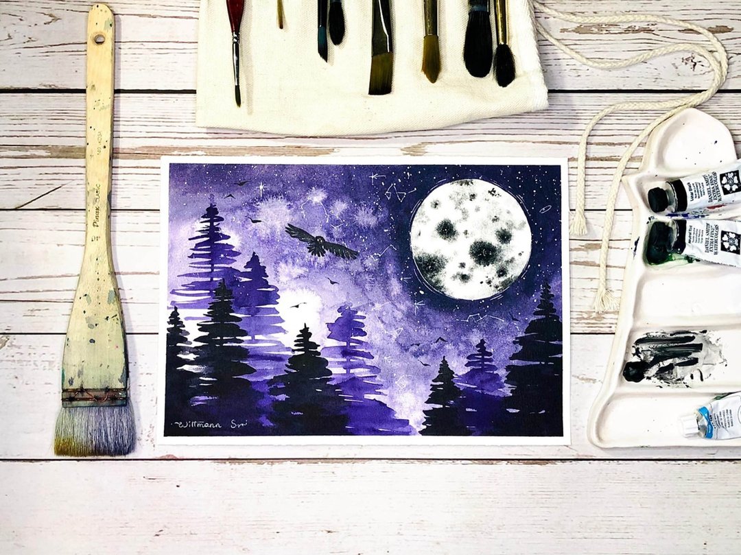 Night Sky Painting Landscape Original Art Full Moon Watercolor 7 by 10 in - 墙贴/壁贴 - 纸 紫色