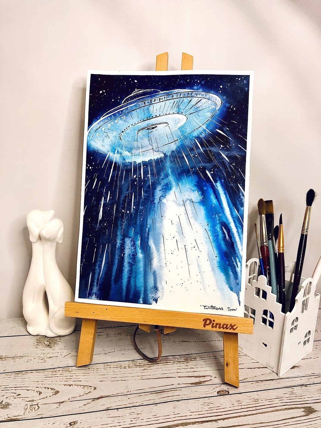 外星人绘画宇宙原创艺术UFO水彩墙艺术8乘11英寸 - 墙贴/壁贴 - 纸 蓝色