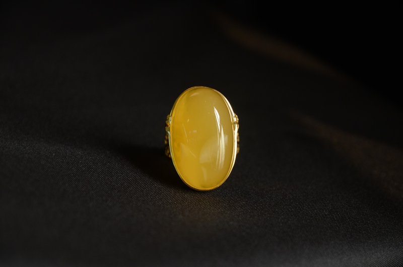 【Amber天然琥珀戒指】天然琥珀戒面925银渡金可调节大气戒指 - 戒指 - 半宝石 黄色