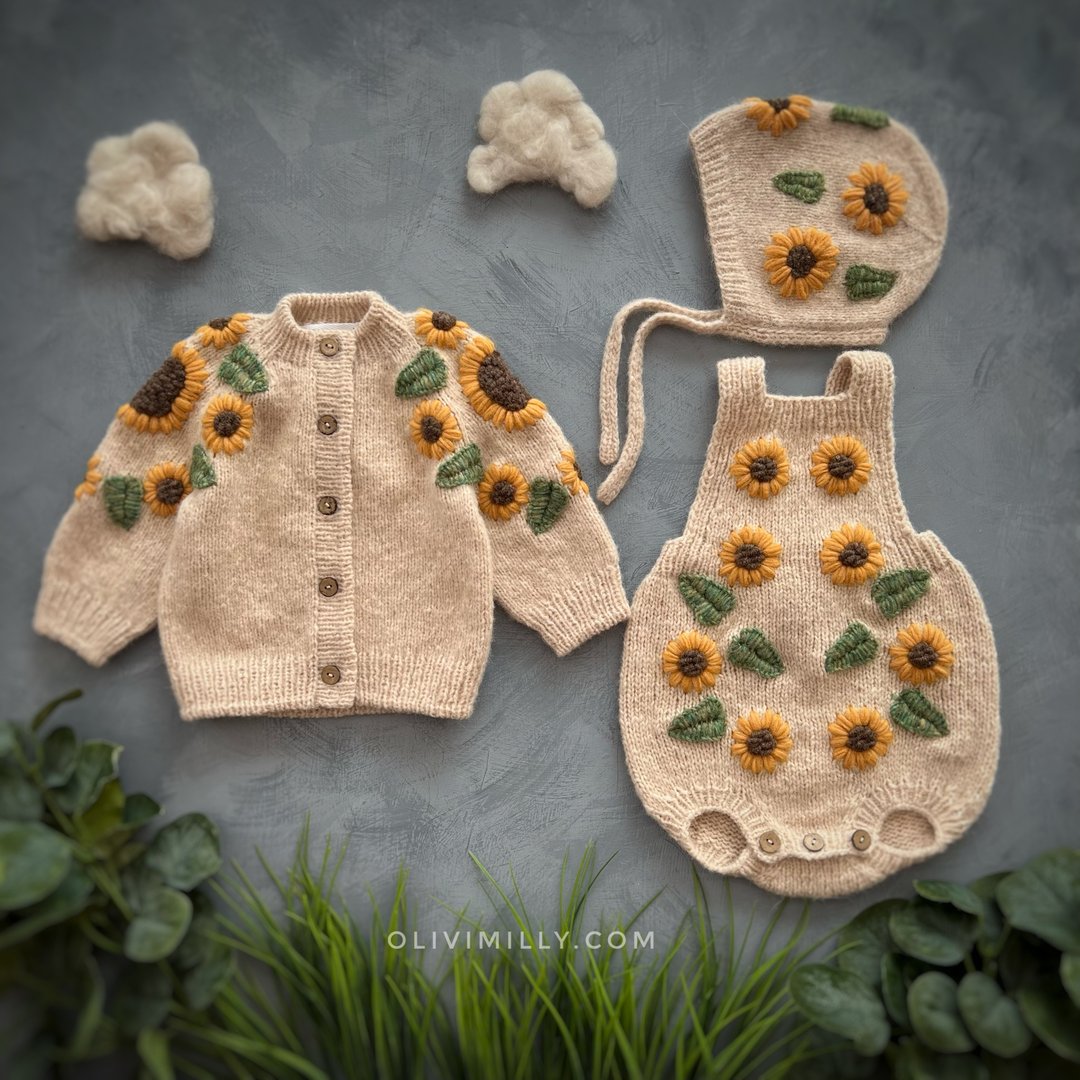 Sunflowers set, cardigan, romper, cap, kids set, baby clothes, kids - 其他 - 羊毛 金色