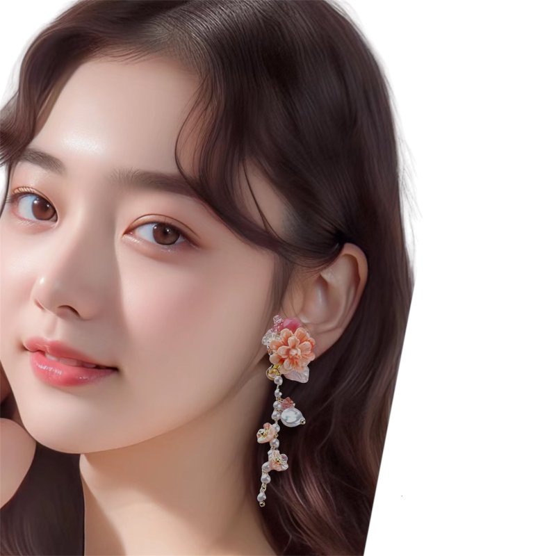 原创设计繁花垂坠耳环/结婚耳环/ 天然石耳环 - 耳环/耳夹 - 水晶 粉红色
