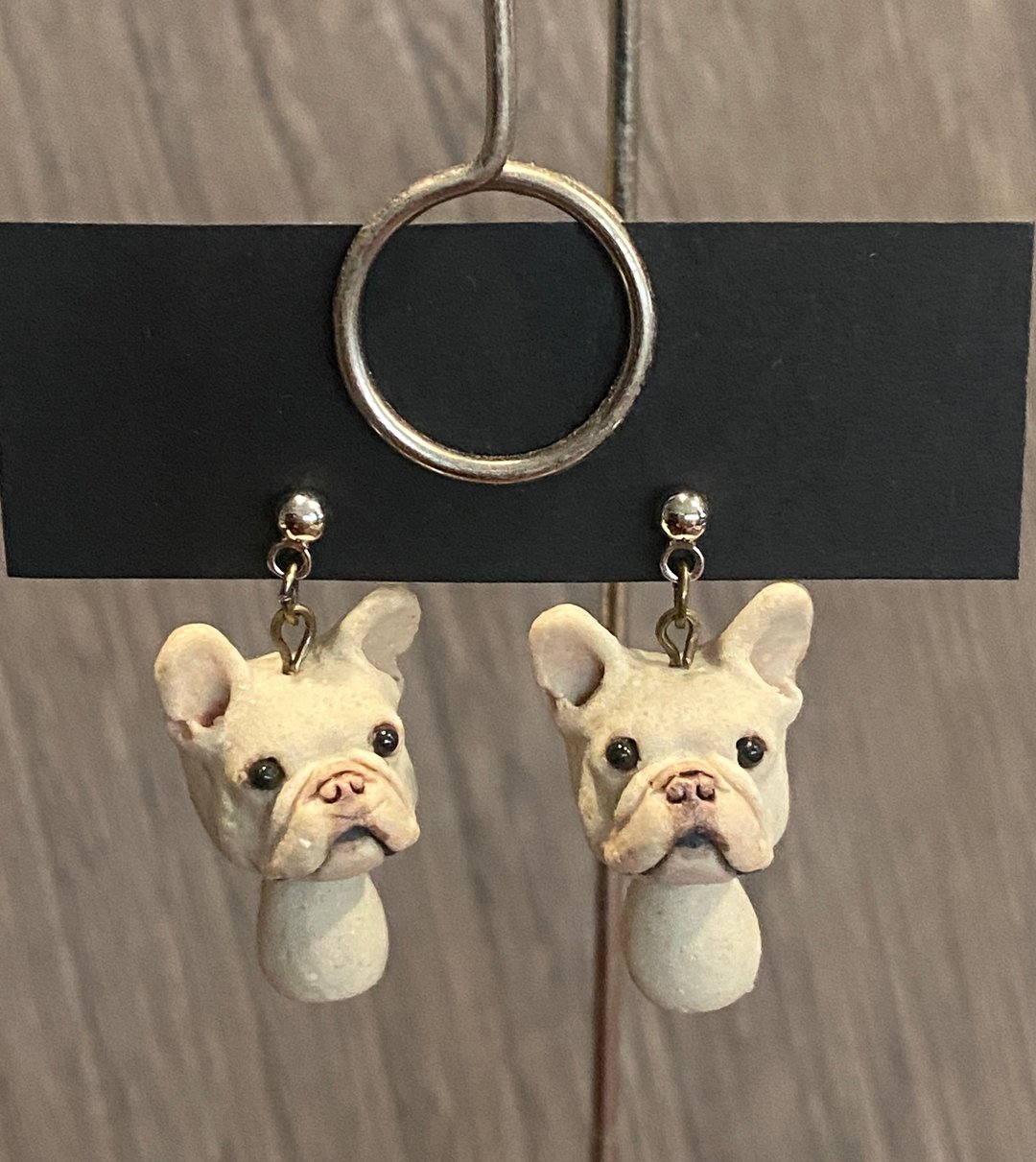 French bulldog piercing cream nose pink - 耳环/耳夹 - 陶 