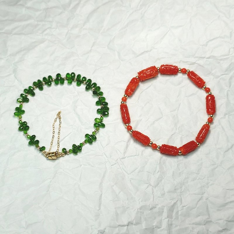 (给指定客户下单) 绿铬透辉石包金手链+阿卡珊瑚雕刻桶珠包金手链 - 手链/手环 - 宝石 