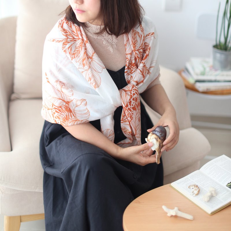 秘密花园系列猫之密语设计师原创橘色真丝雪纺大方巾 - 丝巾 - 丝．绢 橘色