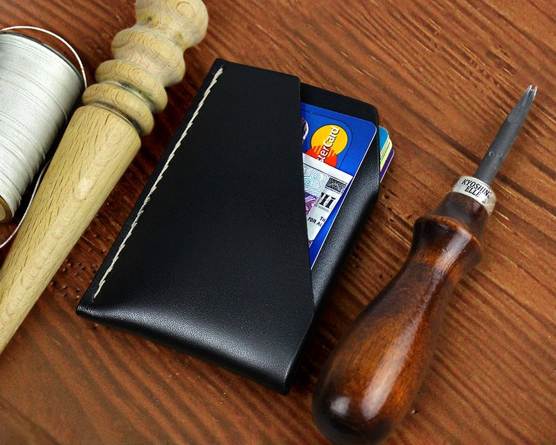 手工制作 极简 真皮卡夹 植鞣革钱包 卡片夹 捷运悠游卡 信用卡 零钱包 免费客制英文名字 - 皮夹/钱包 - 真皮 黑色
