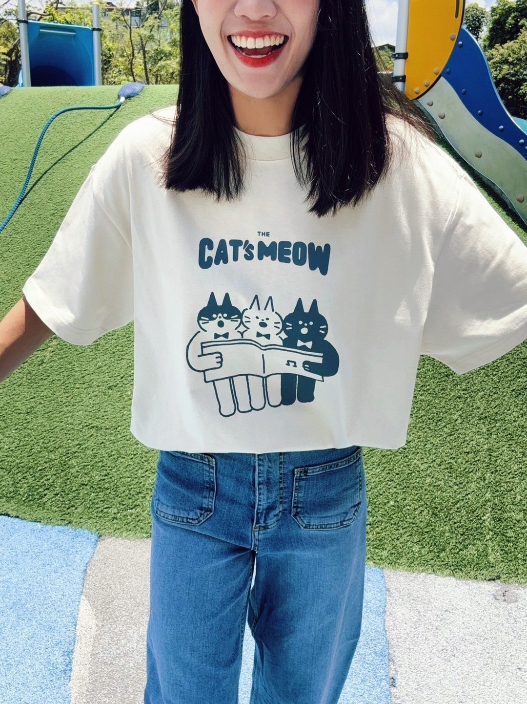 Furry Zoo 微宽小落肩 中性短T 猫咪合唱团 - 女装 T 恤 - 棉 白色