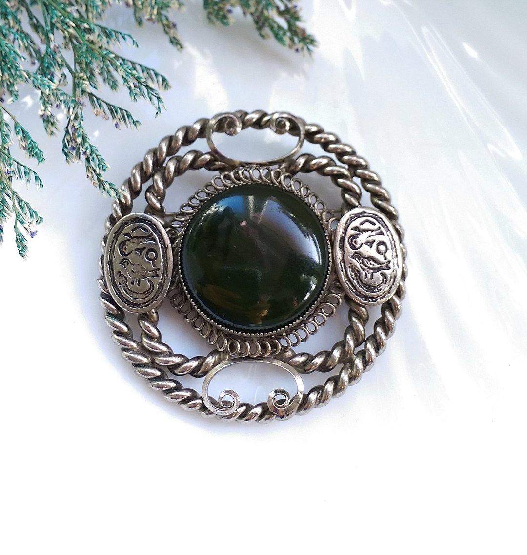 Vintage Jewelry 银色调 神秘石 大别针 胸针 - 徽章/别针 - 其他金属 金色
