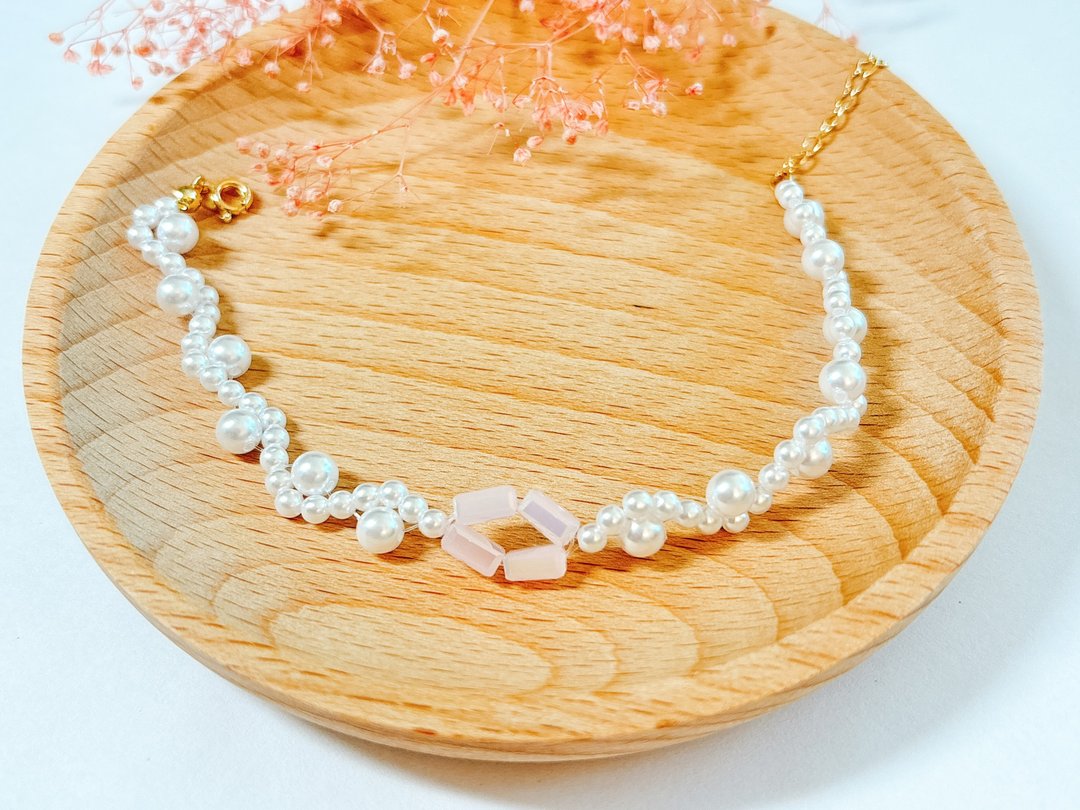 【法式优雅】珍珠编织手链 长方形玻璃珠 14K长方链 - 手链/手环 - 珍珠 