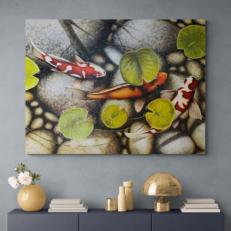 Koi Fish Painting Original Artwork on Canvas Feng Shui Lotus Painting Wall Art - 墙贴/壁贴 - 其他材质 咖啡色