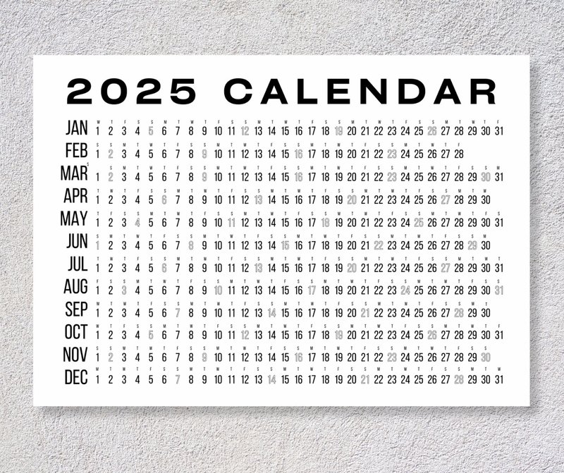2025 年日历水平，可打印挂历，2025 年历，数位下载 - 电子手帐及素材 - 其他材质 