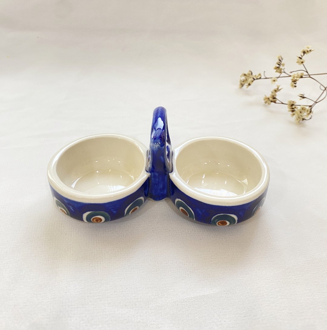 【好日恋物】波兰vintage古典手工藏青小卉系列双边酱料碟陶器 - 浅碟/小碟子 - 陶 蓝色