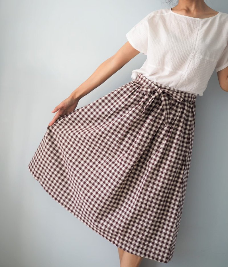 格纹棉质裙 - 裙子 - 棉．麻 咖啡色